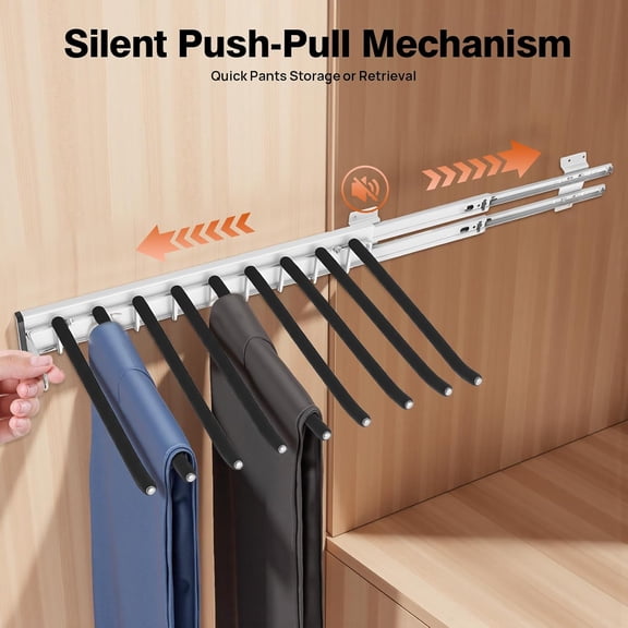 Pull Out Trousers Rack, Left Side Mount 9 Arms Retractable Pants Hanger Organizer, Space Saving Closet System for Wardrobe (12.8" x 18.11" / Left Installation)