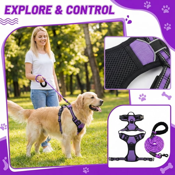 No Pull Tug Resistant Dog Harness and Leash Set Extra Large Purple Durable Reflective Adjustable Harness for Large Breed Dogs Outdoor Walking Hiking Training