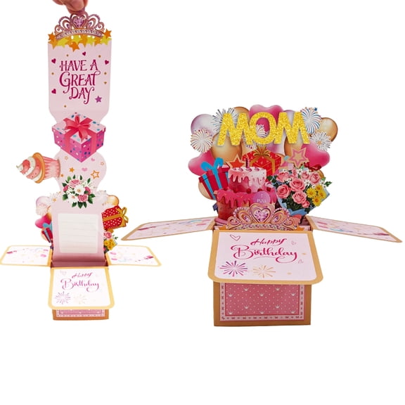 Pull-Up 3D Pop Up Birthday Card for Mom, Interactive Explosion Box Greeting Card with Surprise Cake & Flowers, Thoughtful Birthday Gift for Mother
