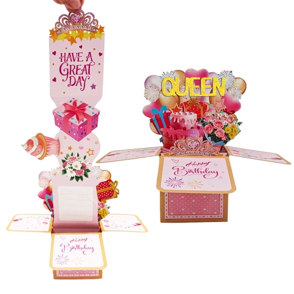 Pull-Up 3D Pop Up Birthday Card for Queen, Interactive Explosion Box Greeting Card with Surprise Cake & Flowers, Empowering Birthday Gift for Her