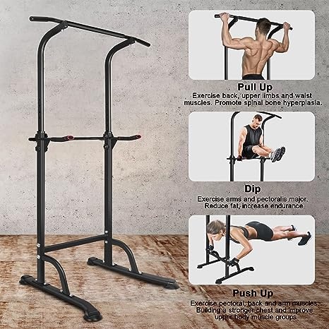 Pull Up Bar Dip Station, Multi-Function Strength Training Equipment with Adjustable Height and Anti-Slip Handle, Workout Station for Home, Gym, Black