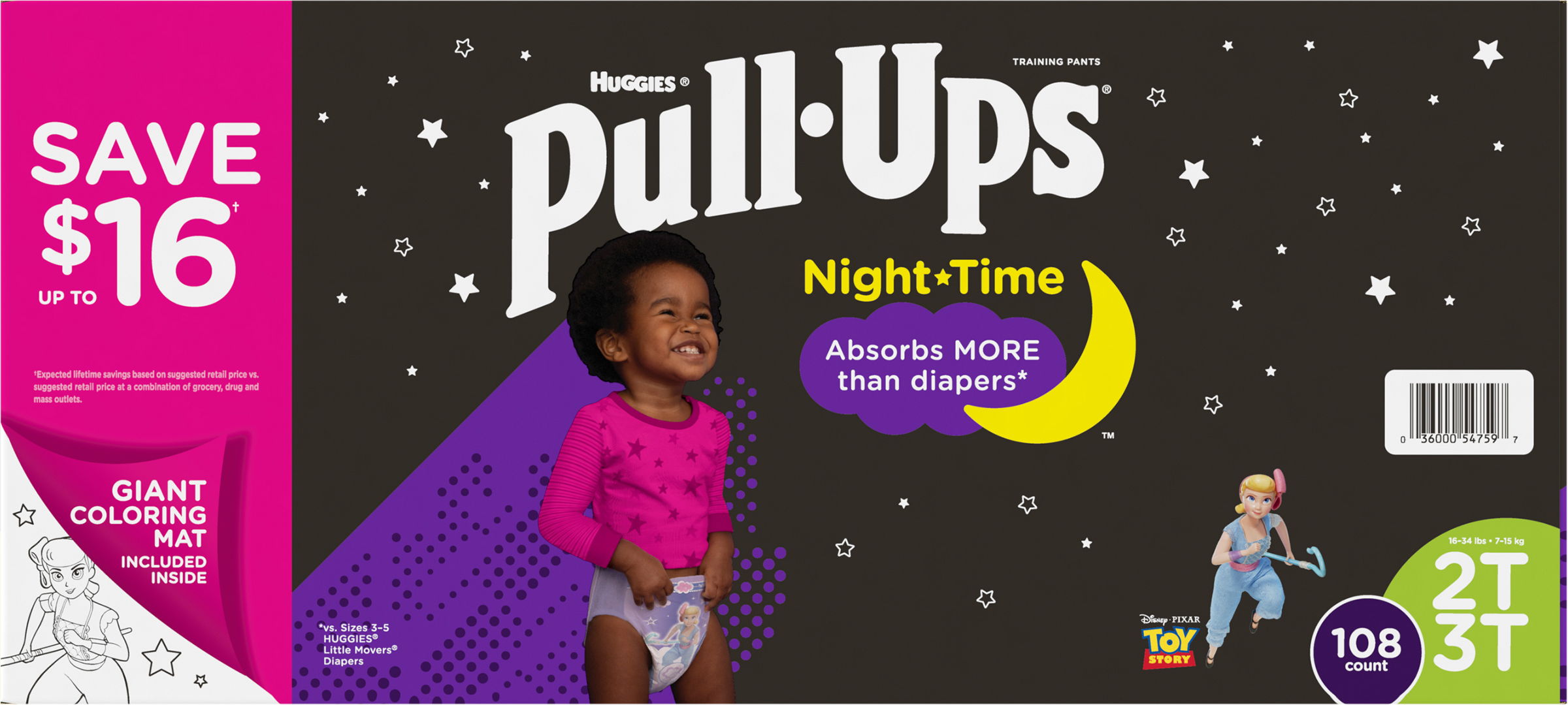 PullUps NightTime Potty Training Pants for Girls 2T3T (16 34 lbs.) 108 ct.