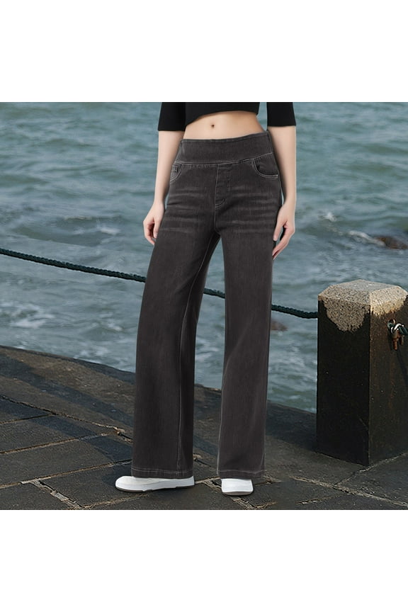 Pull On Wide Leg Jeans For Women High Waisted Stretchy Baggy Trendy Straight Leg Jeans Denim Pants Jean Pants Women High Waist Womens Tall Pants Woman on Pants Super Straight Jean Pants for Women Lift