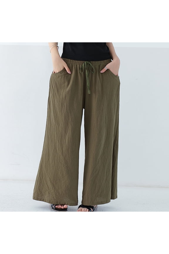 Pull on Wide Leg Pants for Women Plus Size Casual High Waisted Cotton Linen Palazzo Pants Drawstring Pull On Loose Fit Palazzo Pants Comfy Elastic Waist Wide Leg Pants Straight Leg Pants Army Green