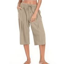 Pull on Capris for Women New Womens Plus Size Capris Summer Wide Leg High Waisted Pants Drawstring Casual Cropped Trousers with Pockets Beige L