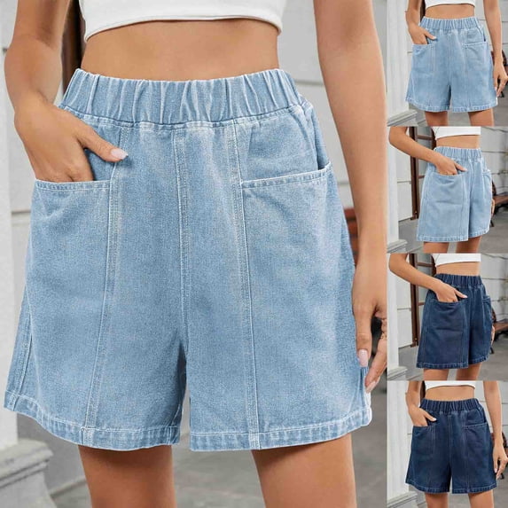 Pull on Denim Shorts for Women Casual Loose Elastic Waist Jeans Shorts with Front Pockets, Light Blue s
