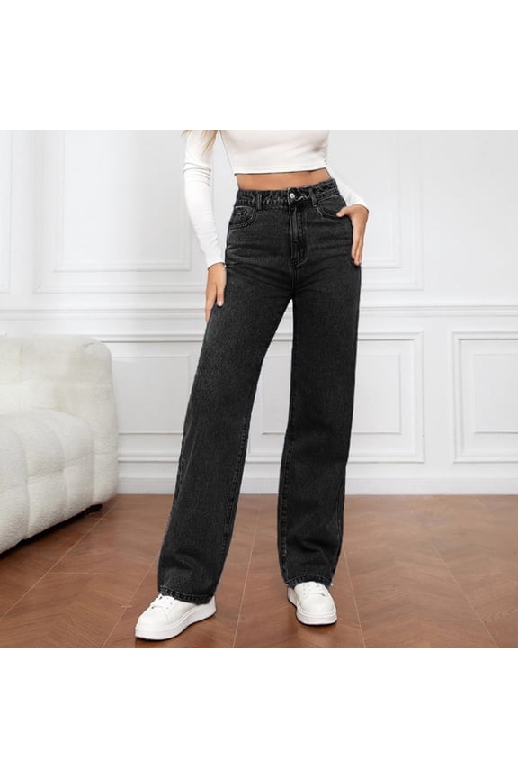 Pull on Jeans For Women Straight Leg Relaxed Fit Casual Stretch Denim Pants Comfort Street Workwear Classic Jeans Trousers Black L
