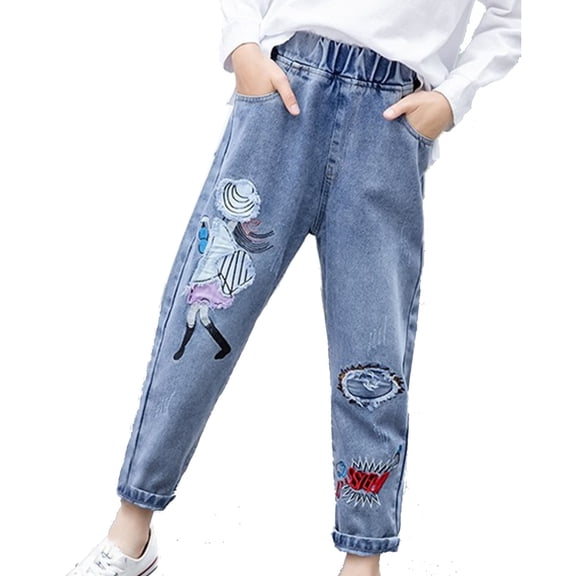 Pull on Jeans for Girls 4t Elastic Waist Frayed Patchwork Casual Denim Pants with Pocket School Streetwear Kids Clothes, Light Blue4 Years