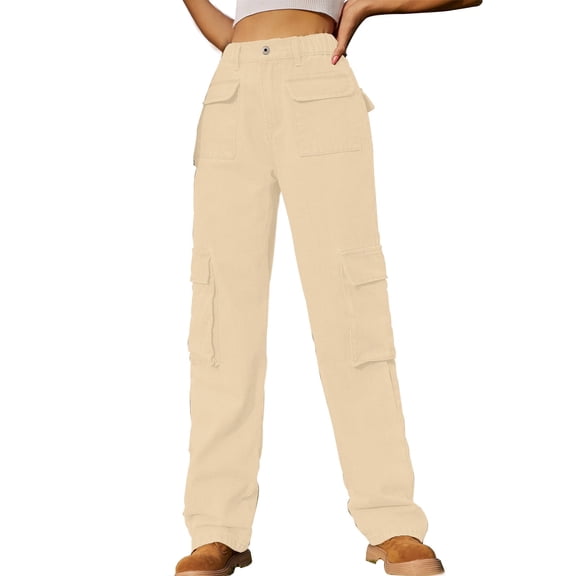 Pull on Jeans for Women Cargo Pants Women High Waist Baggy Cargo Jeans Relaxed Fitting Streetwear Pants Casual Military Trousers S-42 Khaki S