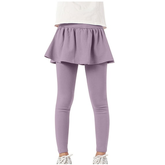 Pull on Pants for Kids Girls Leggings with Skirts, School Uniform Pants Kids Solid Color Casual Stretchy Pleated Pantskirt Purple 7-8Y