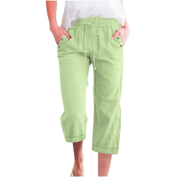 Pull on Stretch Capris for Women New Fashion Womens Casual Color Elastic Loose Pants Straight Wide Leg Trousers with Pocket Green XL