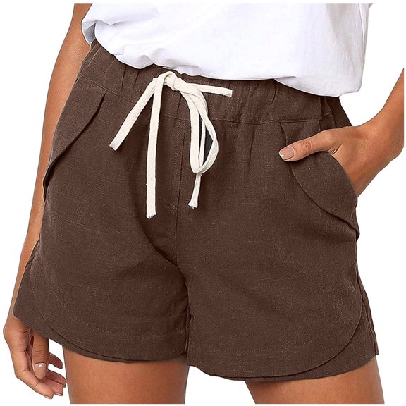 Pull on Stretch Shorts New Womens Plus Size Drawstring Shorts Comfy High Waist Casual Summer Beach Shorts with Pockets Khaki S
