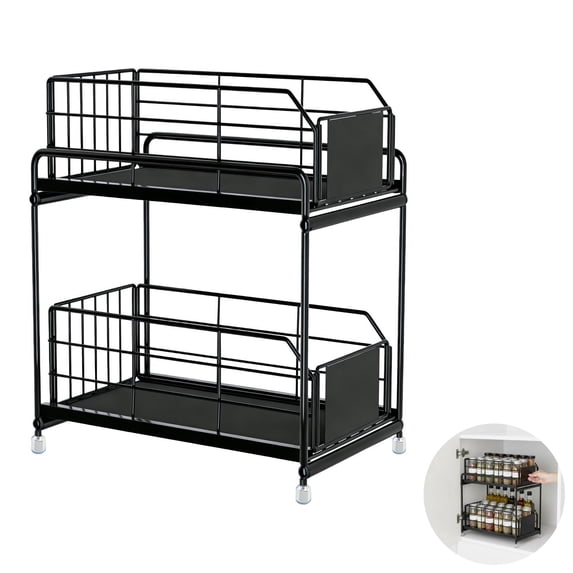 Pull Out Cabinet Organiser, 2-Tier Spice Rack, Kitchen Cupboard Organiser, Heavy Duty Metal Spice Rack Shelf, 14.2 x 7.5 x 12.6 in, Black Double Layer Design