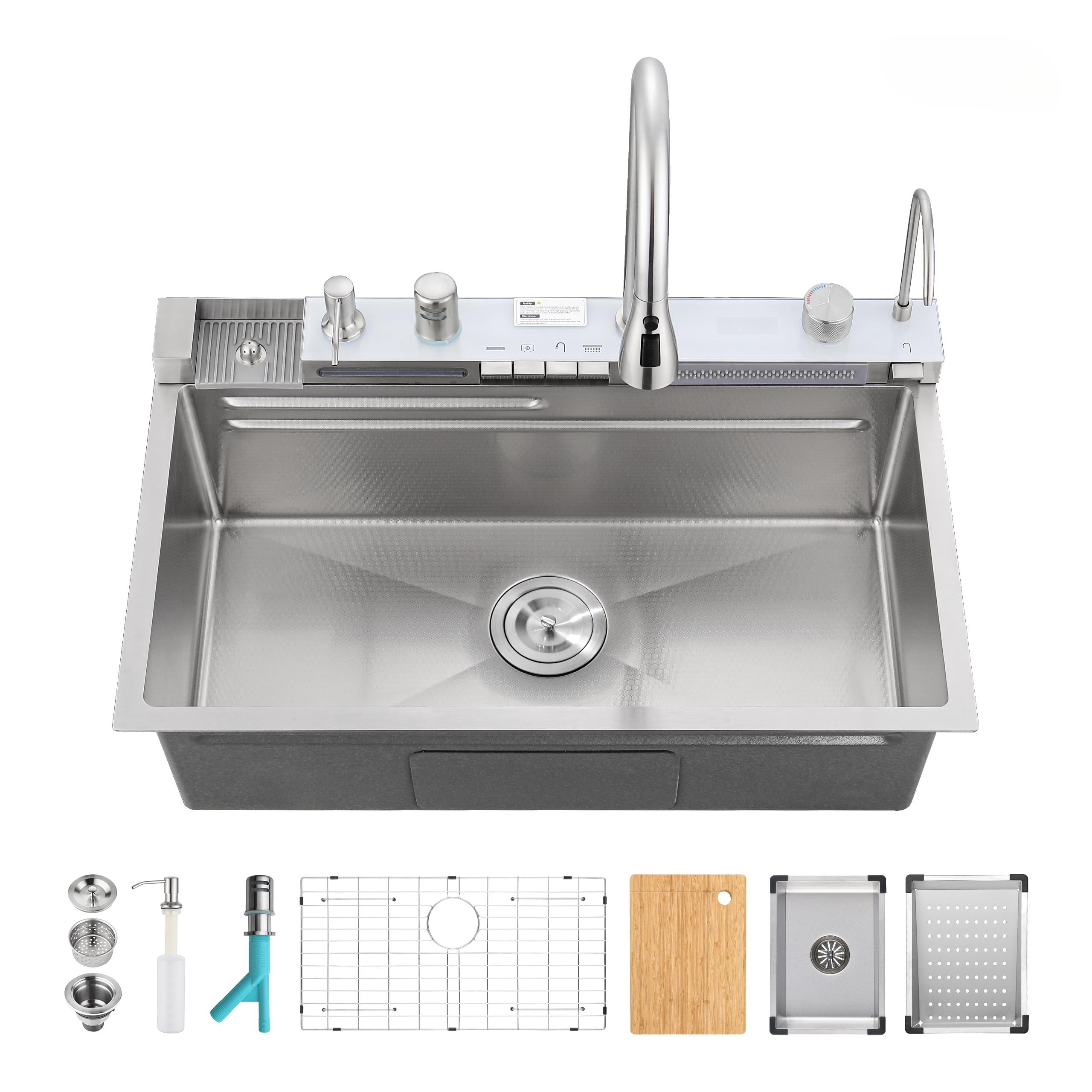 Pull-out Faucet Single Bowl Sink, Kitchen Vegetable Sink 304 30"x18" Whale Waterfall Sink Stainless Steel Dish Sink wIth Dishwasher Accessories Household Vegetable Washing Basin, Dark Gray