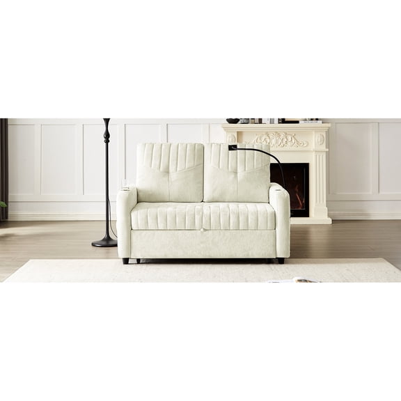 Pull-out Loveseat Sofa Bed | Adjustable to 90°, 135°, 180° for Various Uses, Convertible for Guests | Chenille and Plywood Frame | Charge Devices and Store Items Easily