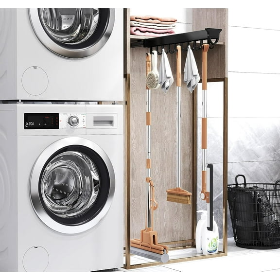 Pull-out Mop and Broom Holder with 20 Sliding Hooks, Slide Broom Closet Organizer Sliding Garage Storage Rack for Home Kitchen Wardrobe Closet Laundry Cupboard