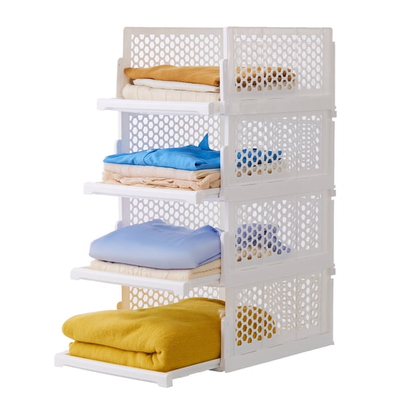 Pull-out Plastic Storage Basket,Stackable Closet Organizers Drawer Anti-Tipping, Reinforced Stable Shelf Container for Bathroom Laundry Room Storage, Space-Saving Clothes Storage (White, 4L)