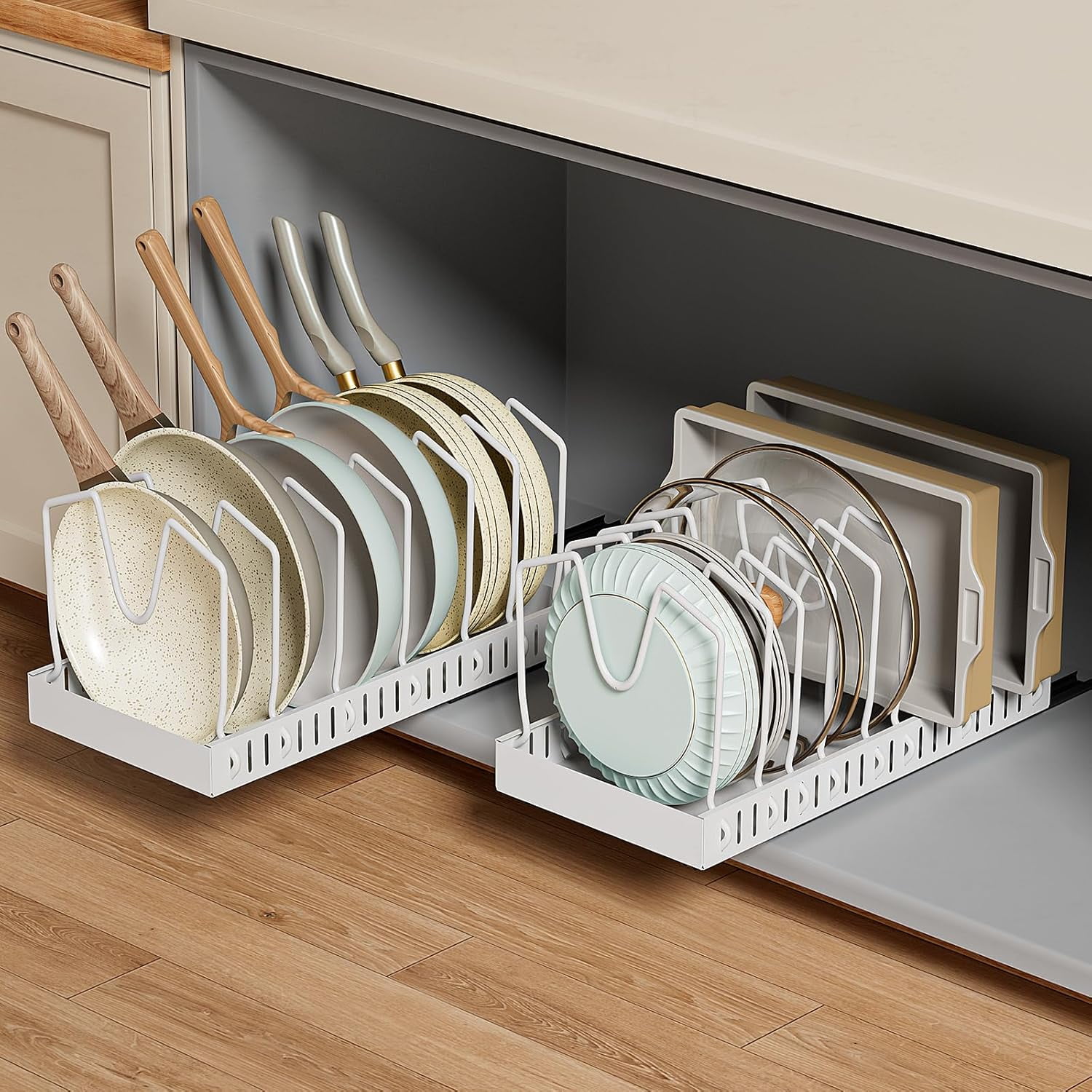 Pull-out Pots and Pans Organizer 2 Pack - Under Cabinet Pot Lid Holder ...