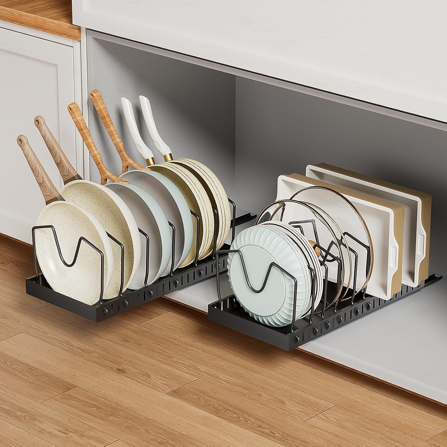 Pull-out Pots and Pans Organizer 2 Pack - Under Cabinet Pot Lid Holder ...