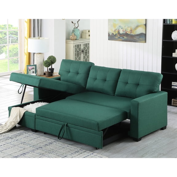 Pull - out Sectional Sofa with Green Linen and Foam Filling / Comfortable for Overnight Guests
