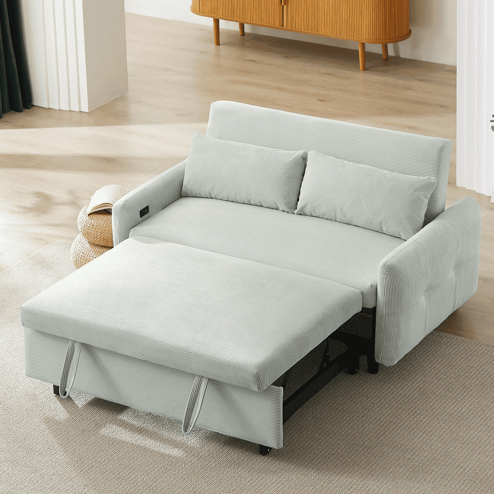 Pull-out Sofa Bed Convertible Couch 2 Seat Loveseat Sofa Modern Sleeper Sofa with Two Throw Pillows and USB Ports for Living Room