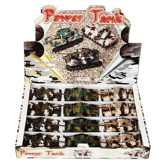 Pullback Power Army Tank Diecast Car Package - Box of 12 assorted 4.5 Inch Scale Diecast Model Cars