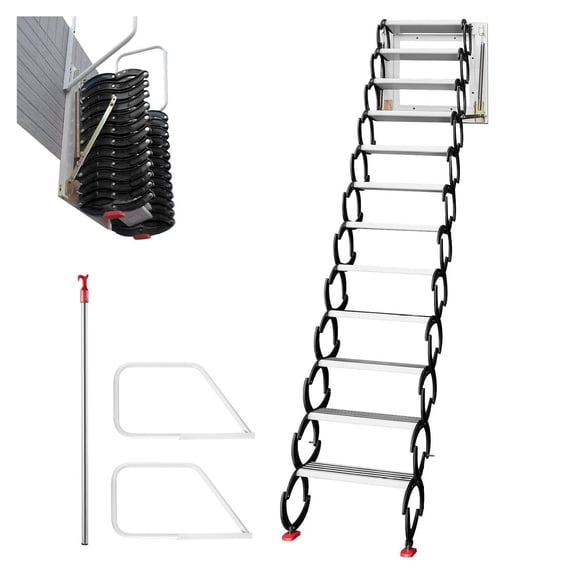 Pulldown Attic Stairs 12 Steps - Alloy Access Ladder, 9.8ft Height, Black Folding Stairs for Attic, Retractable Loft Ladder with Handrails