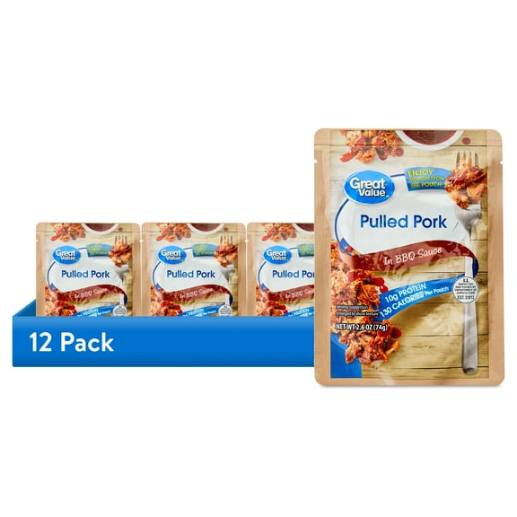 (12 pack) Great Value Pulled Pork, in BBQ Sauce, 2.6 oz Pouch
