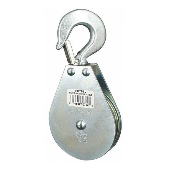 Pulley Block, Wire Rope, 1/4 in Max Cable Size, 800 lb Max Load, Zinc Plated