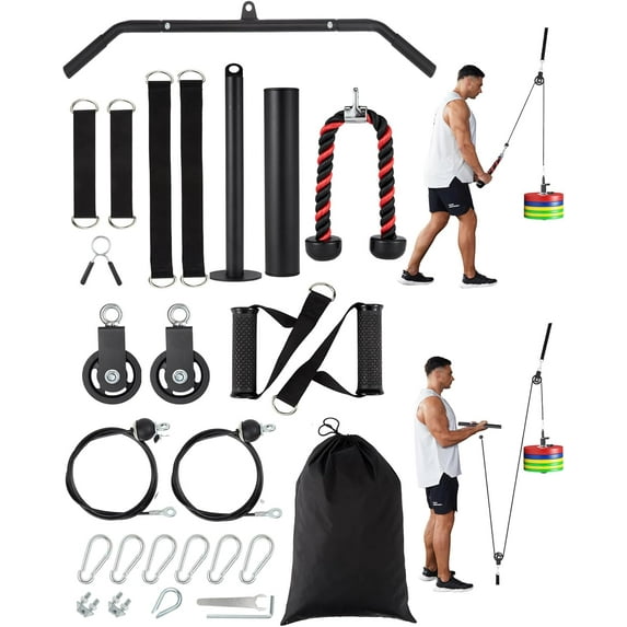 Pulley System for Home Gym, Cable Weight System Attachments Set with 2 in 1 LAT Pulldown Bar, Tricep Rope, Biceps Curl, Chest Fly Handles for Arm Workouts Fitness Equipment