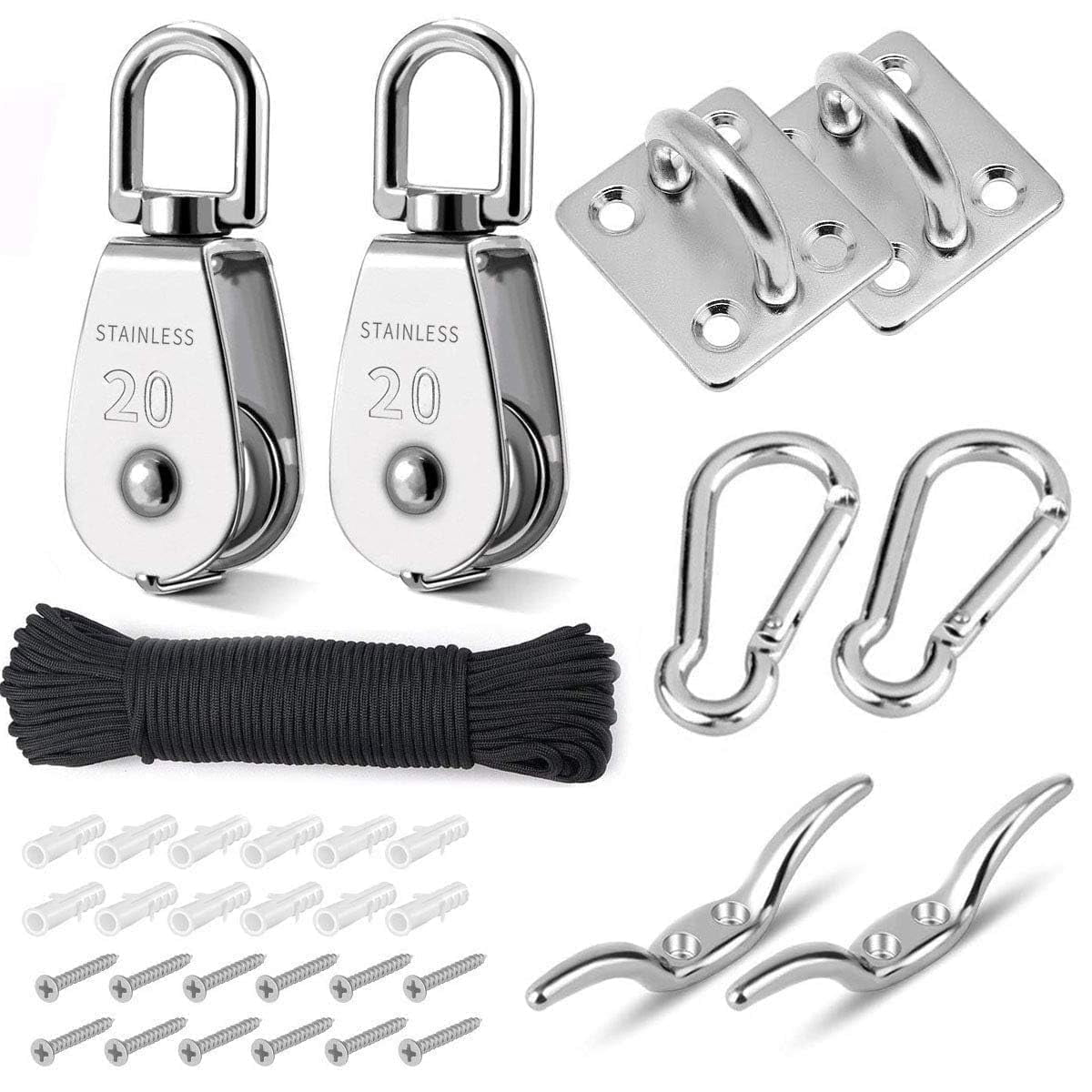 TooTaci Pulley Block and Tackle System, 304 Stainless Steel M20 Crane Pulleys for Lifting with 66ft Nylon Line Rope for Clothesline, Hanging