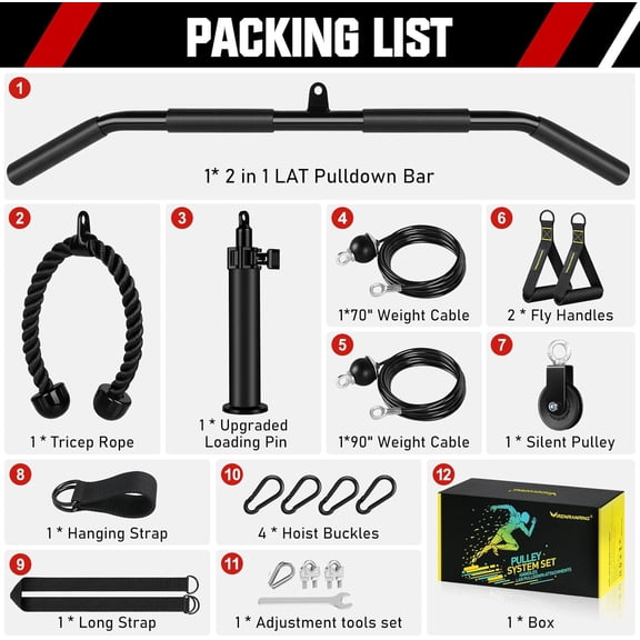 Pulley System, Weight Cable Pulley System for Home Gym,Cable Machine Attachment with 2 in 1 LAT Pull Down Bar,Tricep Rope,Long Strap,Exercise Handles for Biceps Curl, Forearm