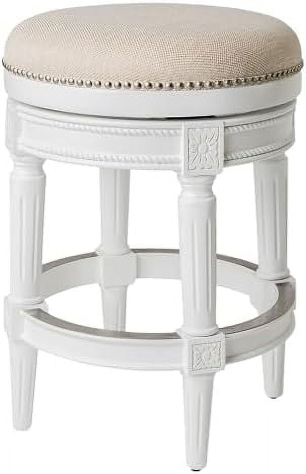 Alabaster White Swivel Backless Bar Stool with Hand-Carved Wood