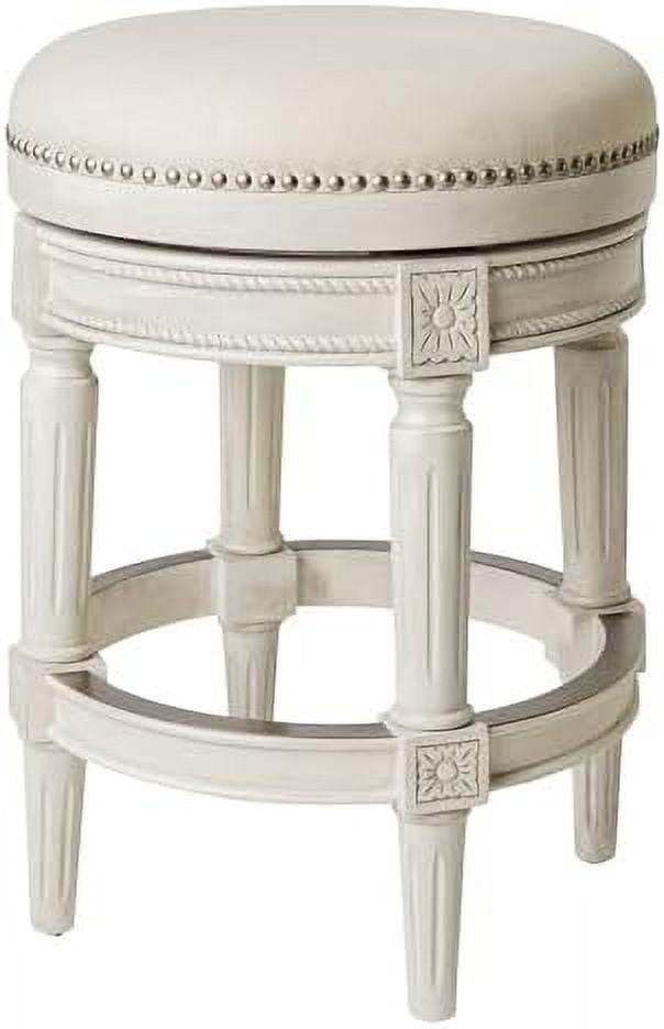Alabaster White Swivel Backless Bar Stool with Hand-Carved Wood