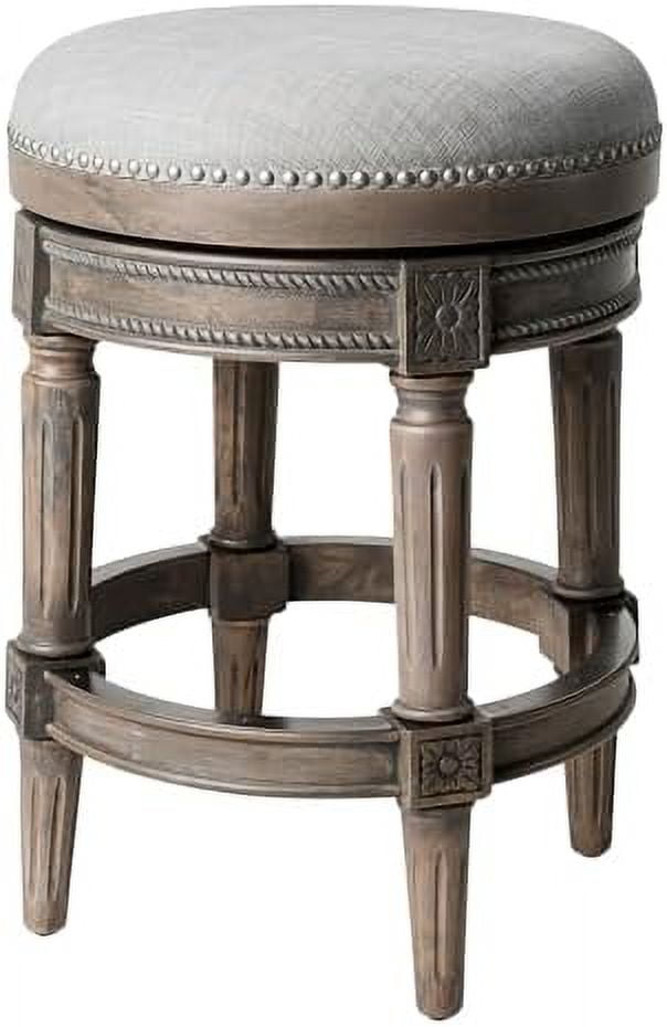 Alabaster White Swivel Backless Bar Stool with Hand-Carved Wood