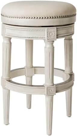 Alabaster White Swivel Backless Bar Stool with Hand-Carved Wood