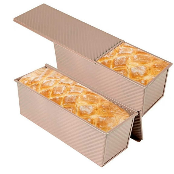 Pullman Loaf Pan with Lid, 2 Pack Non-Stick Black Bread Loaf Pans for Homemade Bread Carbon Steel Bread Toast Box with Cover for Bakeware Bread Toast Oven Baking Gold
