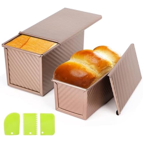 Pullman Loaf Pan with Lid, 2 Pack Non-Stick Bread Loaf Pans for Homemade Bread 1 lb & 0.5 lb Carbon Steel Bread Toast Box with Dough Scraper for Bread Toast Oven Baking - Rose Gold