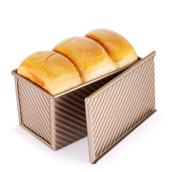 Pullman Loaf Pan with Lid Bread Loaf Pan for Homemade Bread 1lb Dough Capacity Gold Corrugated Square Bread Mold, Cake, Sandwich Sourdough, Toast Form Pullman Bread Pan with Lid for Baking