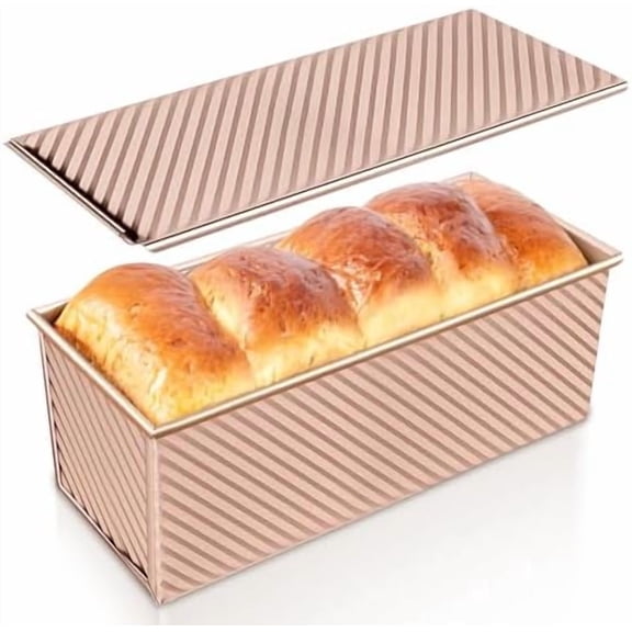 Pullman Loaf Pan with Lid, Non-Stick Carbon Steel Bread Pan for Homemade Sandwich & Sourdough Bread, 1lb Dough Capacity, Corrugated Toast Box Mold, Gold