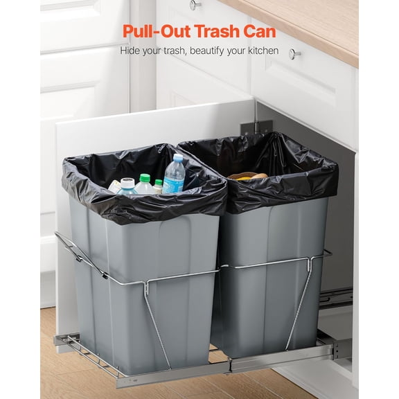 Pullout  for Kitchen Cabinets, 35 QT x2 Double Under Sink Garbage Waste Recycling Bin, Under Mount Waste Container, with Heavy Duty Metal Full Extension Sliding System and Handle Grey