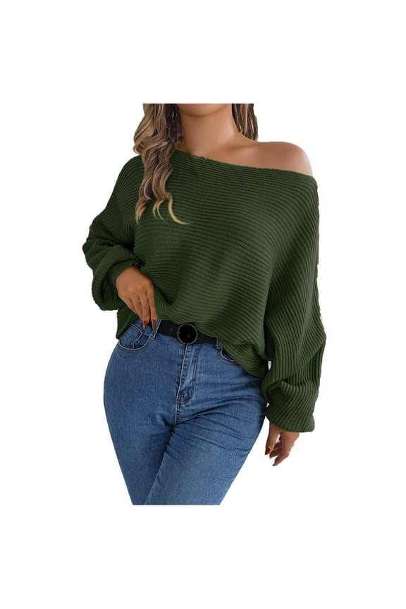 Pullover Baggy Sweaters for Women Trendy Soft Knit Off Shoulder Batwing Long Sleeve Pullover Top Casual Blouses (Large, Army Green)