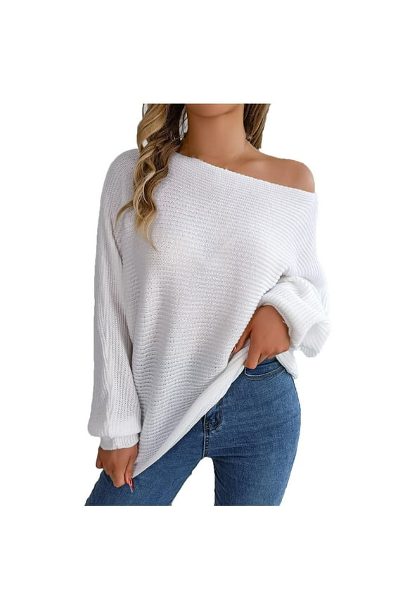 Pullover Baggy Sweaters for Women Trendy Soft Knit Off Shoulder Batwing Long Sleeve Pullover Top Casual Blouses (Medium, White)