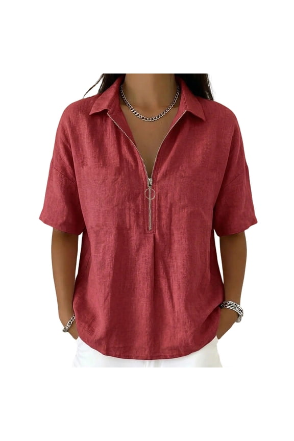 Pullover Casual Women Short Sleeve Solid Blend Zip Front Collared Womens Summer Tops,Red,M