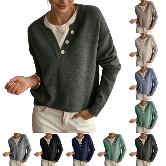 Pullover Henley Sweaters for Women Button Up Crew Neck 2 in 1 Knitted Tops Long Sleeve Business Casual Top Fall Oversized Clothes 2XL