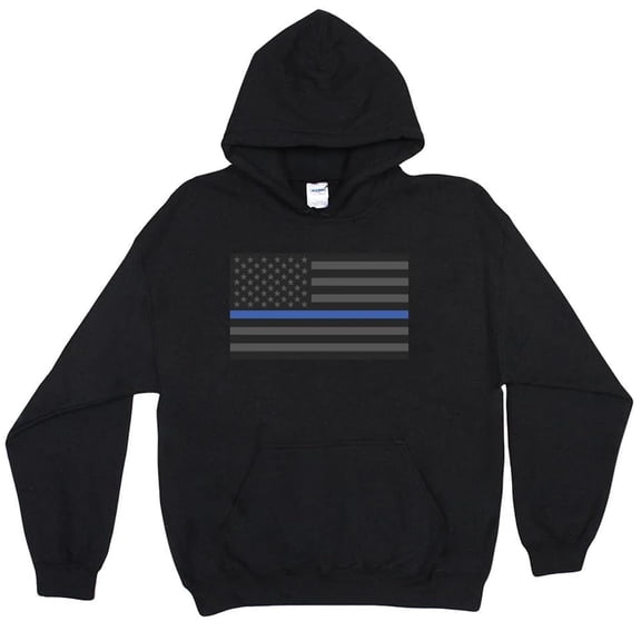 FOX OUTDOOR PRODUCTS Men's USA Flag with Thin Colored Line Hooded Pullover - Cotton Blend Patriotic Chest Pattern Sweatshirt, Thin Blue Line/Black, Large