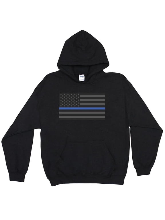 PRODUCTS Men's USA Flag with Thin Colored Line Hooded Pullover - Cotton Blend Patriotic Chest Pattern Sweatshirt, Thin Blue Line/Black, Large