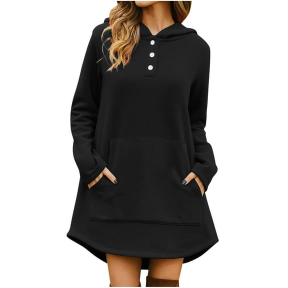 Pullover Hoodie Dress for Women, Trendy Long Fleece Oversized Sweatshirt, Curved Hem Dresses for Women with Pockets
