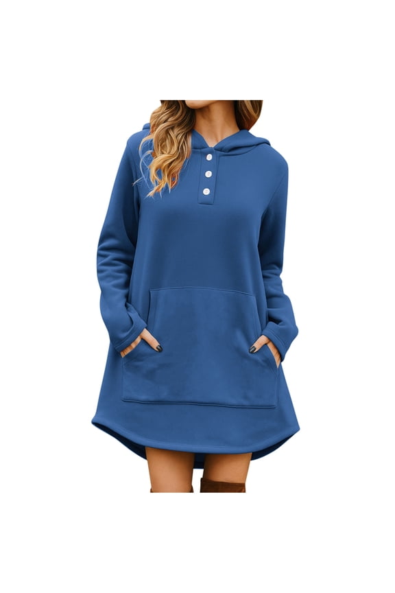 Pullover Hoodie Dress for Women, Trendy Long Fleece Oversized Sweatshirt, Curved Hem Dresses for Women with Pockets