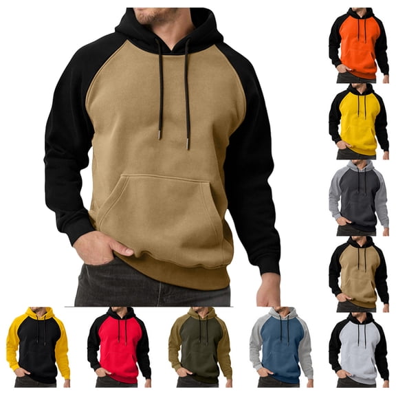 Pullover Hoodie Men Blend Fleece Long Sleeve Sweatshirt with Kangaroo Pockets,Khaki XL